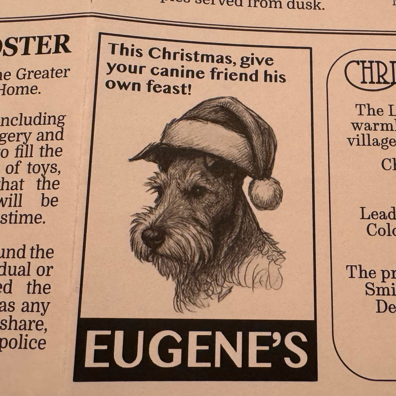 Murder mystery game. Vintage-style advertisement with a dog wearing a Santa hat.
