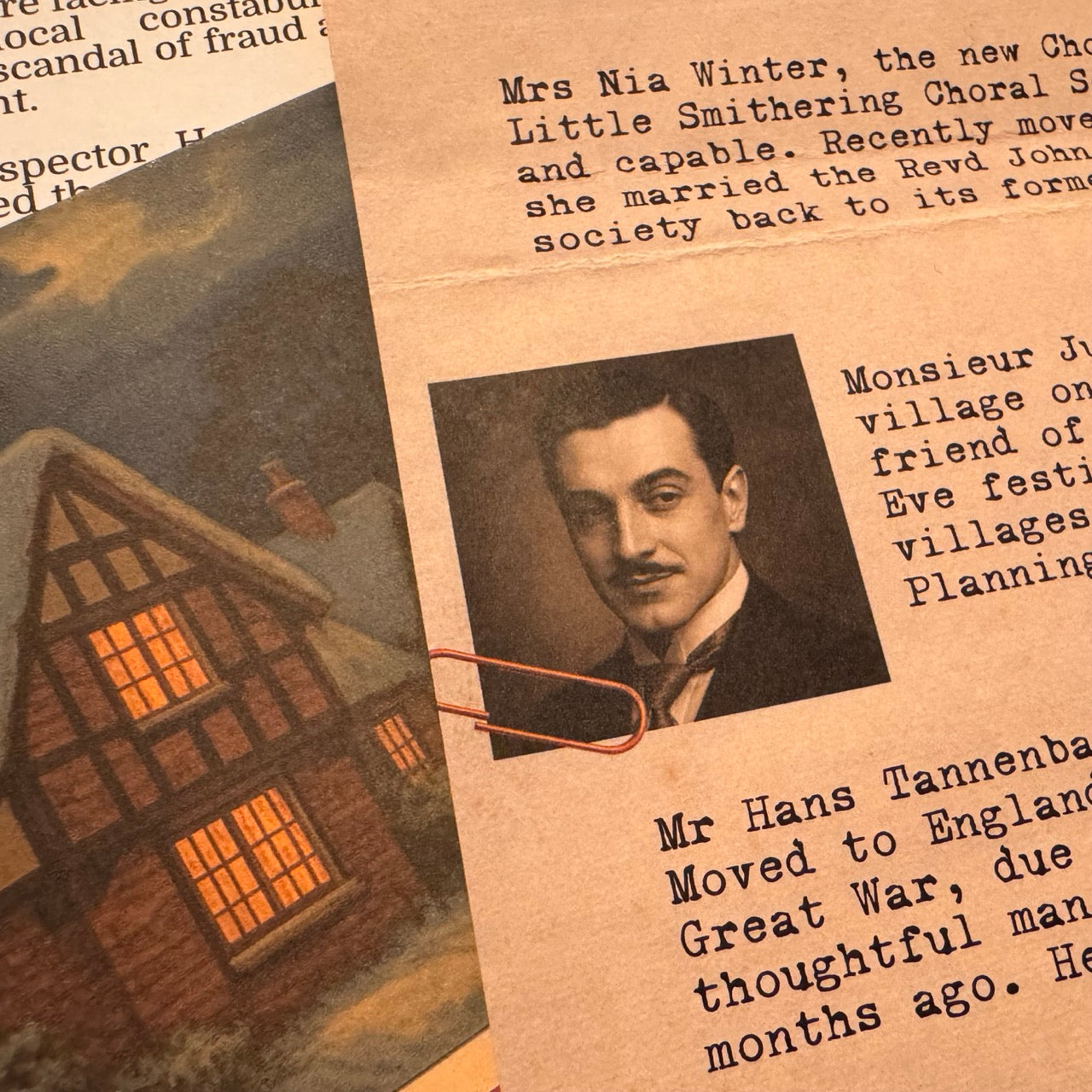 Vintage murder mystery game. Clipping with a portrait of a man and text on a brown background