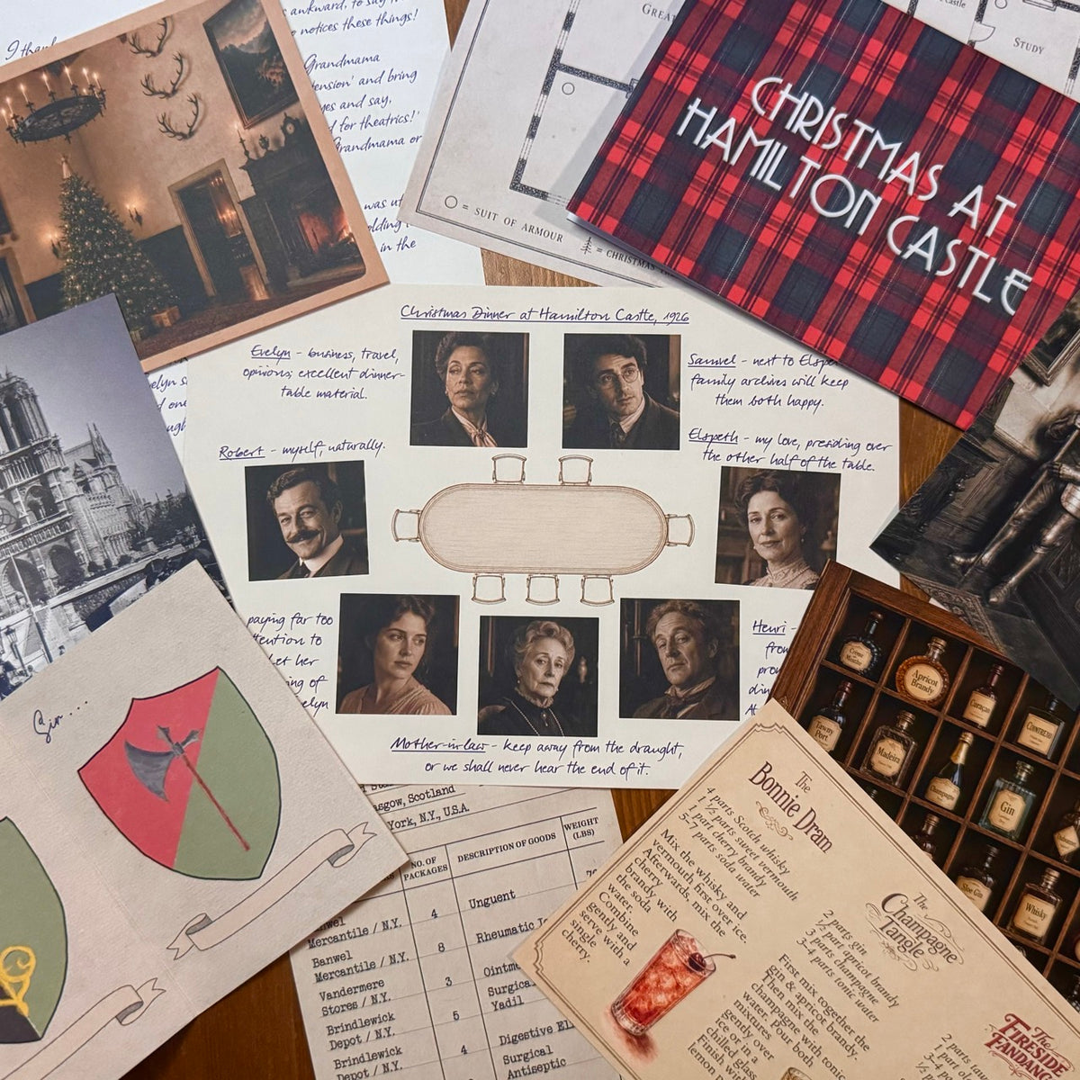 A styled flat-lay of themed Hamilton Castle murder mystery advent calendar. The set includes a red and green tartan card reading 'Christmas at Hamilton Castle,' photos of characters on a tableplan with notes beside each, a shield crest, a cocktail recipe card, a photograph of the Great Hall of the castle, a postcard of Notre Dame in Paris, and other items.
