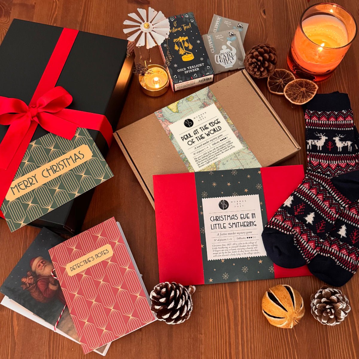Overview of items included in the cozy murder mystery gift box.