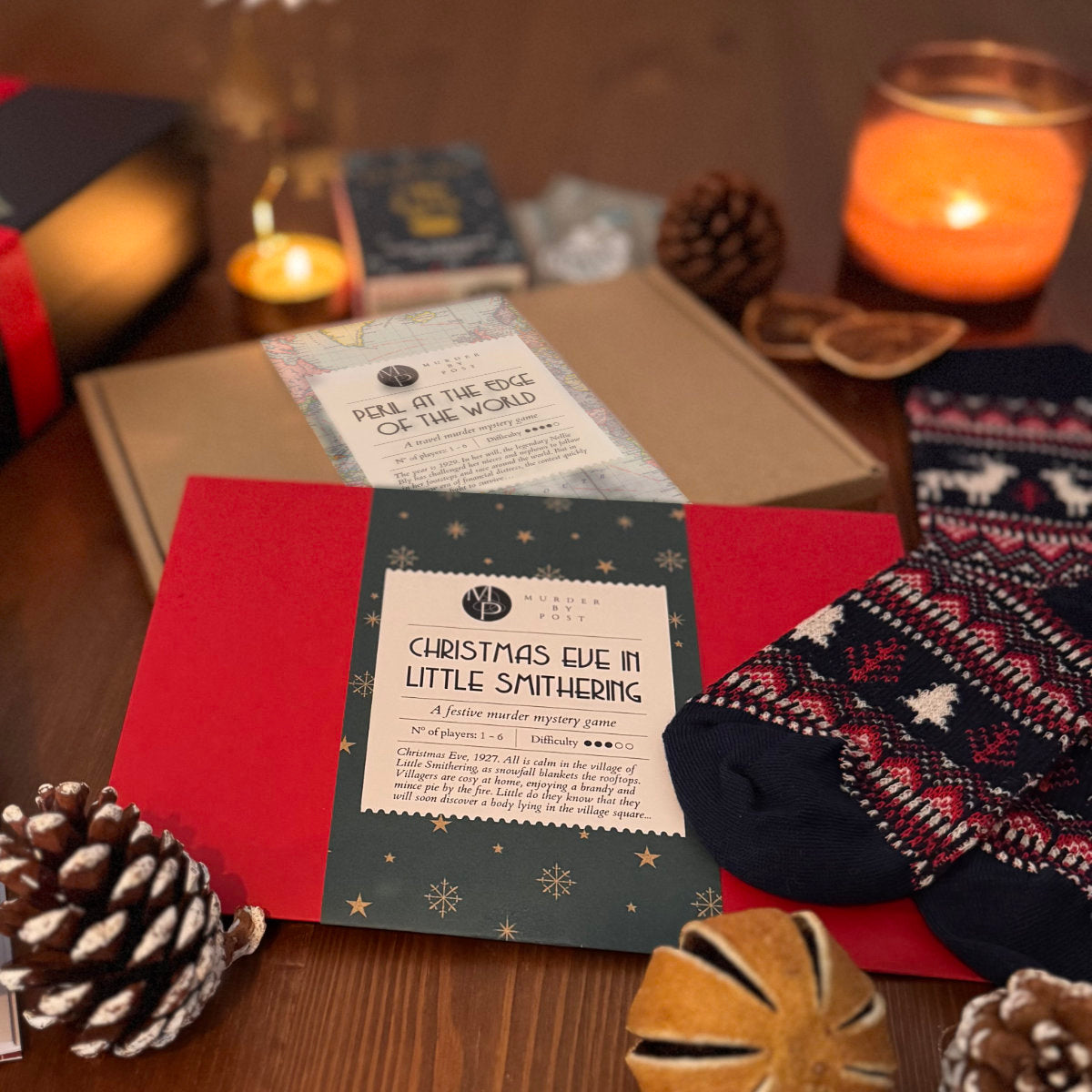 Close up of items included in the cozy murder mystery gift box.