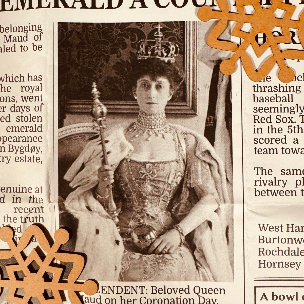 A vintage-style printed page featuring a black-and-white portrait of a Norwegian Queen wearing a crown and jeweled dress in a newspaper, surrounded by decorative snowflakes