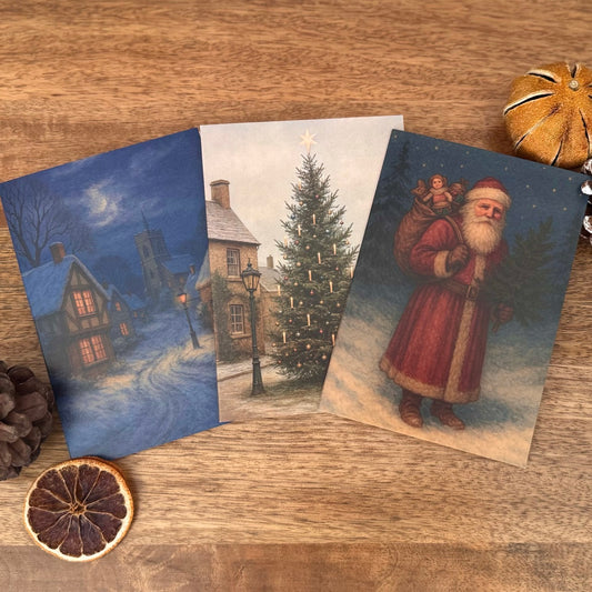 Three vintage-style Christmas cards on a wooden surface with decorative elements.